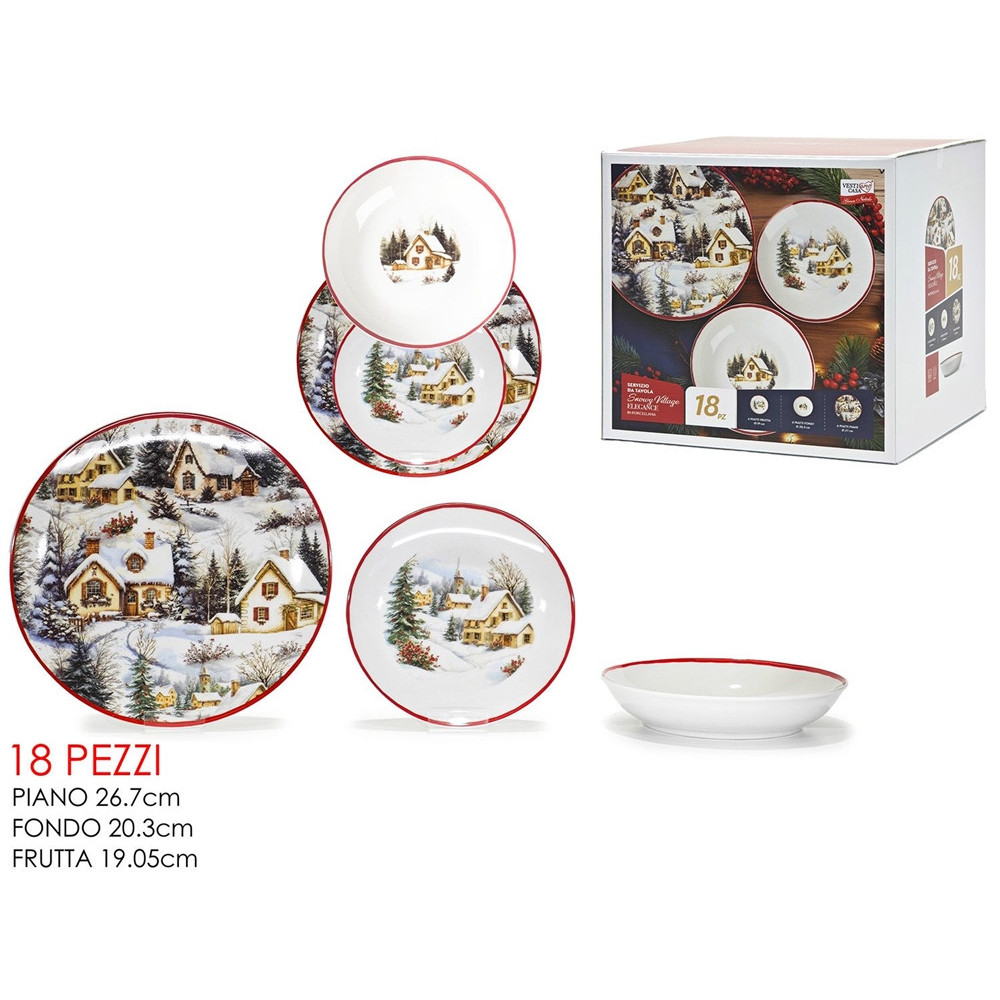 SERVIZIO PIATTI PORCELLANA 18PZ DECORO PAESAGGIO INVERNALE BORDO ROSSO