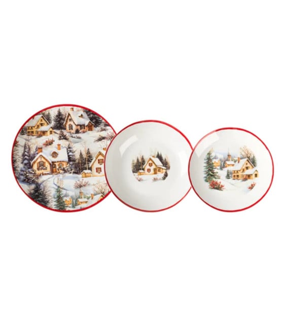 SERVIZIO PIATTI PORCELLANA 18PZ DECORO PAESAGGIO INVERNALE BORDO ROSSO