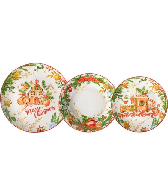 SERVIZIO PIATTI PORCELLANA 18PZ DECORAZIONI PAN DI ZENZERO NATALIZIE