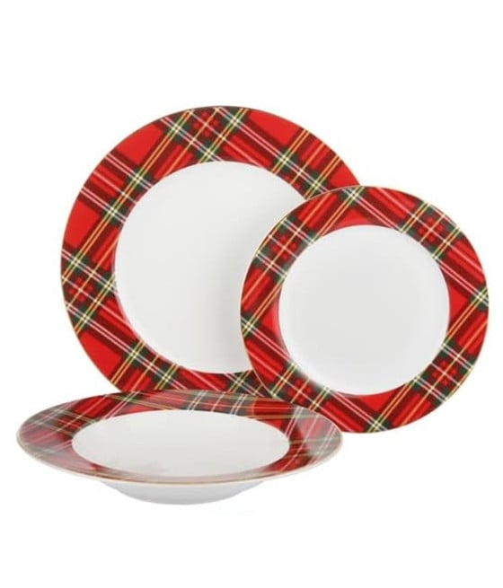 SERVIZIO 18PZ PIATTI MOTIVO BORDO TARTAN PORCELLANA TAVOLA NATALIZIO