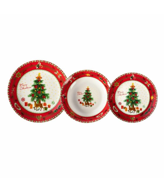 SERVIZIO PIATTI PORCELLANA 18PZ DECORO ALBERO NATALE RENNE PACCHI REGALO