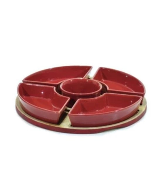 SET ANTIPASTIERA ROSSA CON 5 CIOTOLE CERAMICA VASSOIO BASE BAMBOO Ø28CM