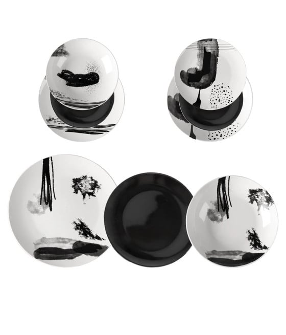 SERVIZIO PIATTI TAVOLA IN PORCELLANA 18PZ MODERNO FINITURE BIANCO NERO