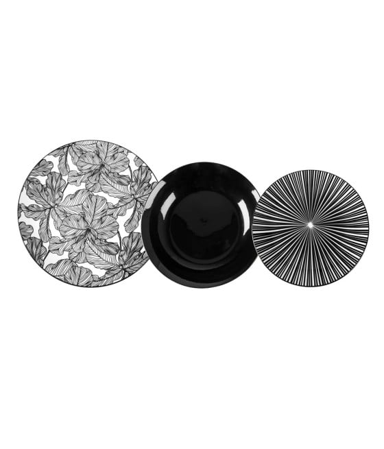 SET SERVIZIO DI PIATTI DA TAVOLA IN PORCELLANA 18PZ DECORI BIANCO NERO