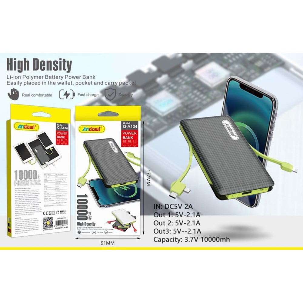 POWERBANK 10000MAH Q-A134 2 CAVI CONNETTORI MICRO USB LIGHTNING TYPE-C