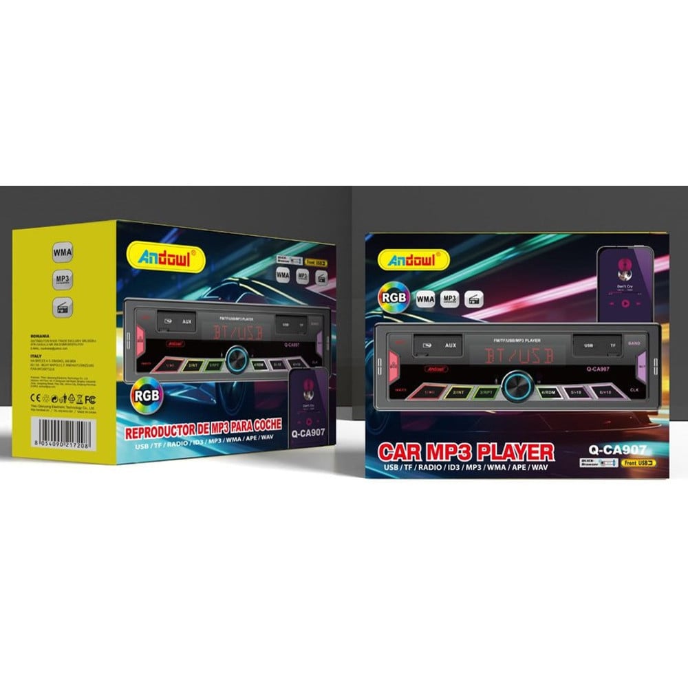 SISTEMA AUDIO PER AUTO LETTORE MP3 USB RADIO FM BLUETOOTH RGB Q-CA907