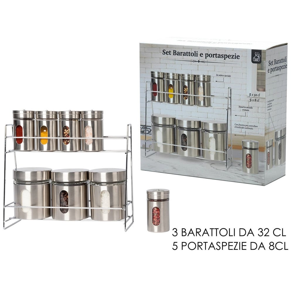 SET 8 PZ BARATTOLI PORTASPEZIE IN VETRO ACCIAIO INOX CON STAND CUCINA