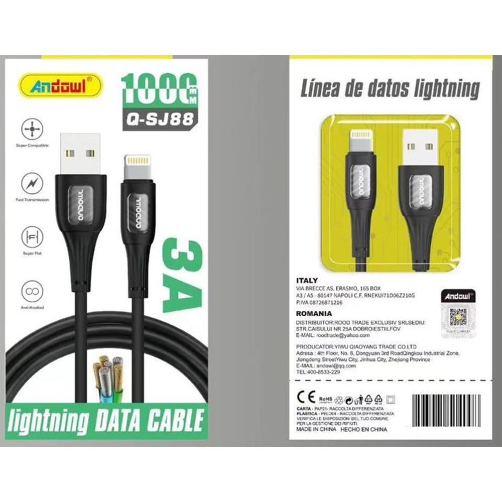CAVO RICARICA TRASFERIMENTO DATI DA USB A LIGHTNING 3A 1MT Q-SJ88