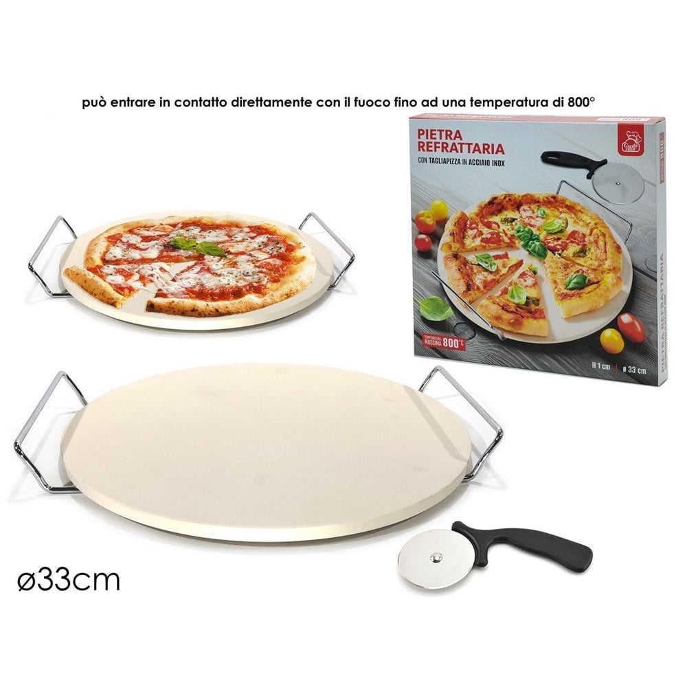 PIETRA REFRATTARIA SUPPORTO CON MANICI PER PIZZA TAGLIAPIZZA IN ACCIAIO