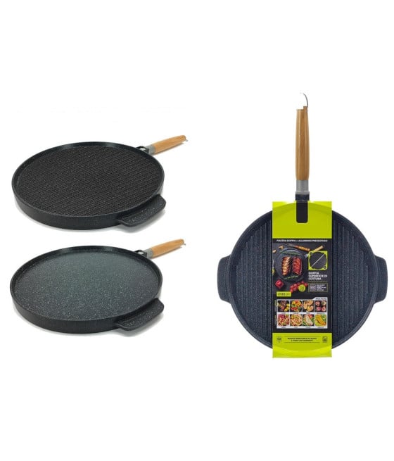 PIASTRA BISTECCHIERA DOPPIA 2IN1 ANTIADERENTE IN ALLUMINIO LEGNO Ø32CM