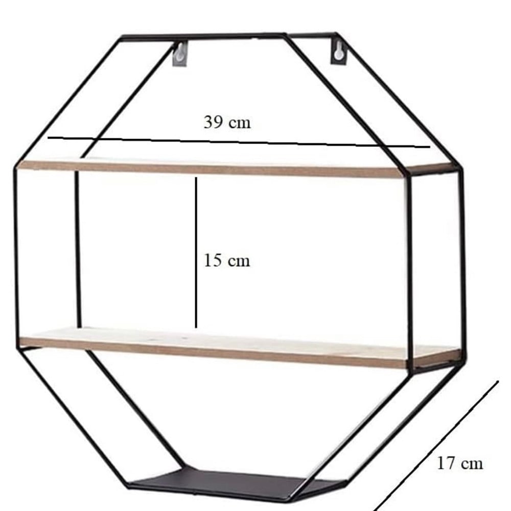 MENSOLA PARETE OTTAGONALE IN FERRO LEGNO 2 RIPIANI DESIGN INDUSTRIALE