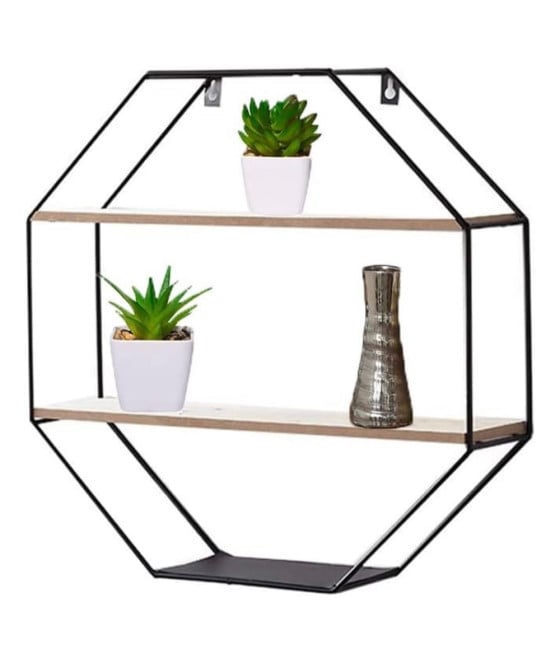 MENSOLA PARETE OTTAGONALE IN FERRO LEGNO 2 RIPIANI DESIGN INDUSTRIALE