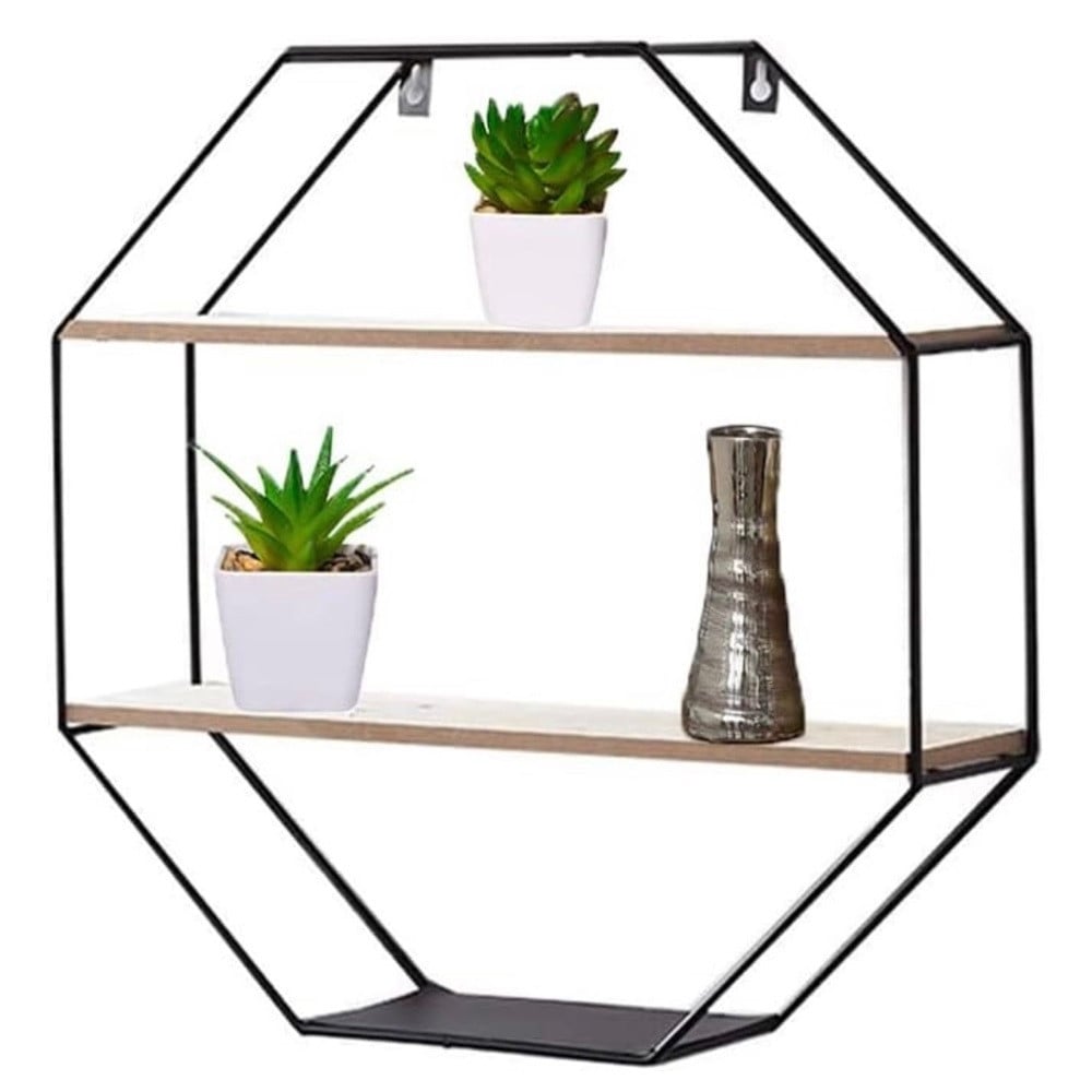 MENSOLA PARETE OTTAGONALE IN FERRO LEGNO 2 RIPIANI DESIGN INDUSTRIALE