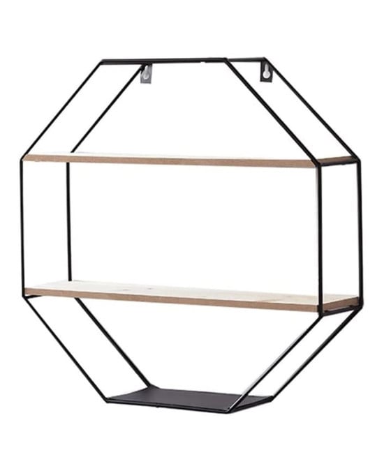 MENSOLA PARETE OTTAGONALE IN FERRO LEGNO 2 RIPIANI DESIGN INDUSTRIALE