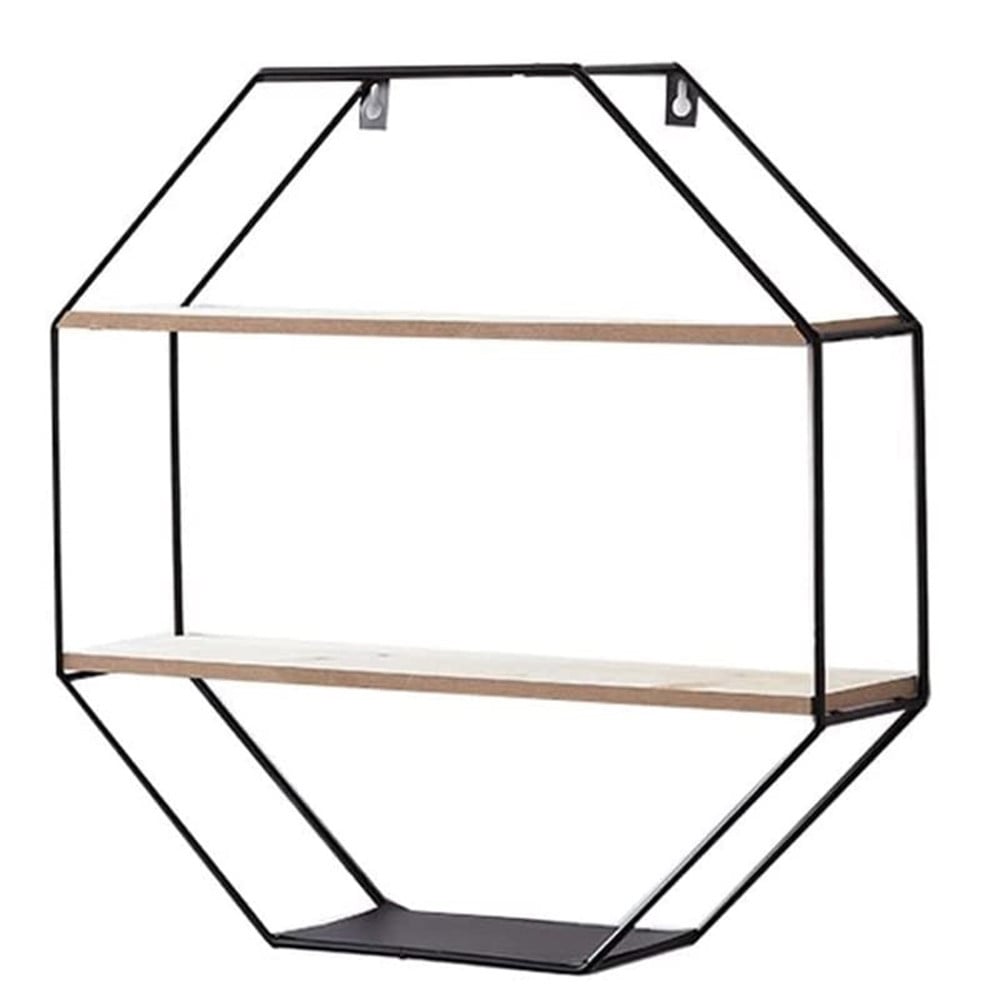 MENSOLA PARETE OTTAGONALE IN FERRO LEGNO 2 RIPIANI DESIGN INDUSTRIALE