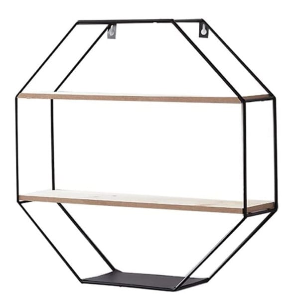 MENSOLA PARETE OTTAGONALE IN FERRO LEGNO 2 RIPIANI DESIGN INDUSTRIALE