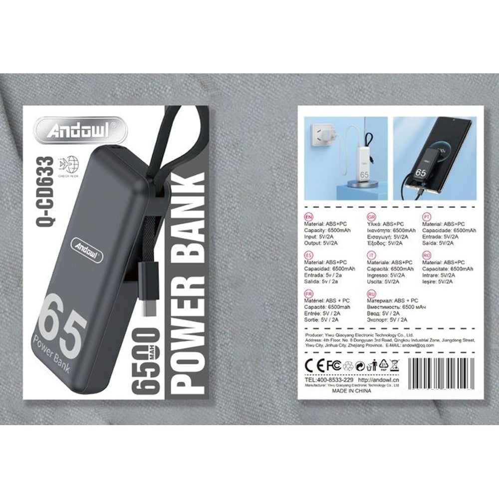 POWER BANK PORTATILE 6500MAH RICARICA RAPIDA CAVO TYPE-C Q-CD633