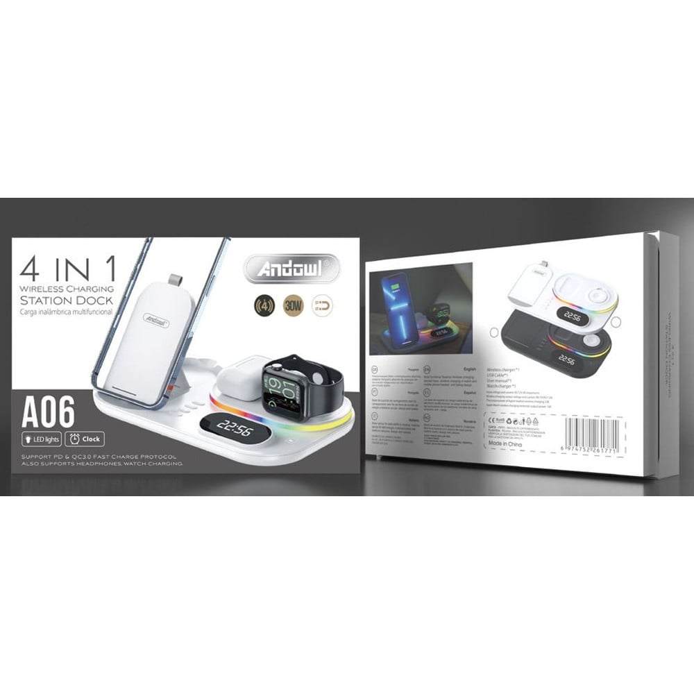 STAZIONE RICARICA WIRELESS 4IN1 MULTIFUNZIONE 30W SMARTPHONE SMARTWATCH A06