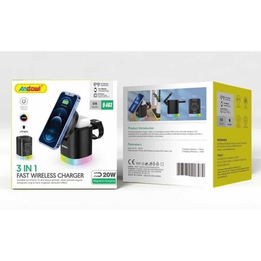 CARICABATTERIE WIRELESS MAGNETICA RAPIDO 3IN1 QI PAD 20W LUCI RGB Q-A63