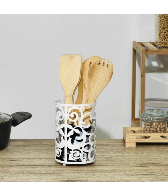 PORTAUTENSILI DA CUCINA IN METALLO BIANCO DESIGN TRAFORATO DECORATIVO