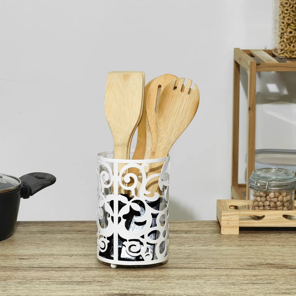 PORTAUTENSILI DA CUCINA IN METALLO BIANCO DESIGN TRAFORATO DECORATIVO
