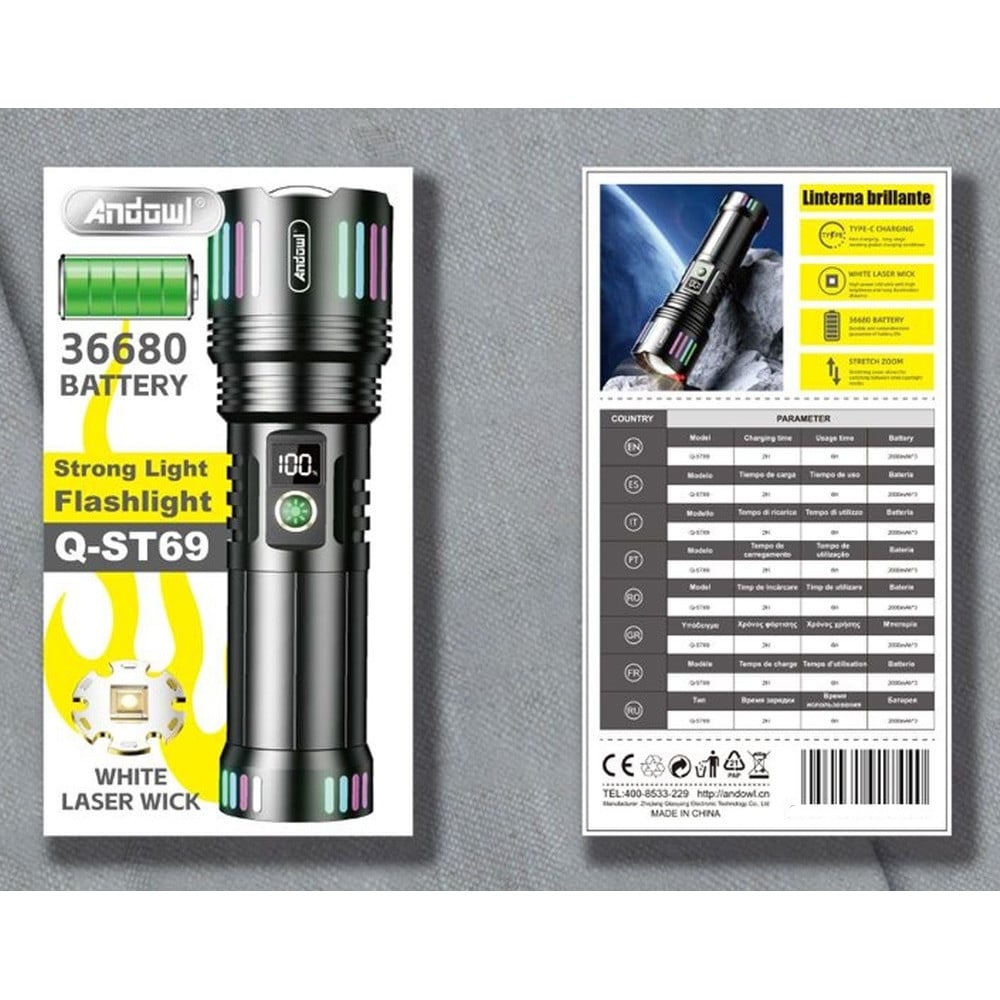 TORCIA LED RICARICABILE PORTATILE CON STOPPINO LASER BIANCO Q-ST69