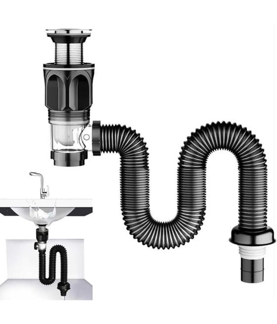 KIT SCARICO PILETTA CON TROPPOPIENO SIFONE TUBO FLESSIBILE CUCINA BAGNO