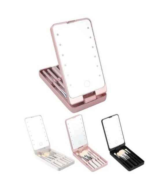SPECCHIO PER TRUCCO PORTATILE CON SET PENNELLI 360° LED RICARICABILE