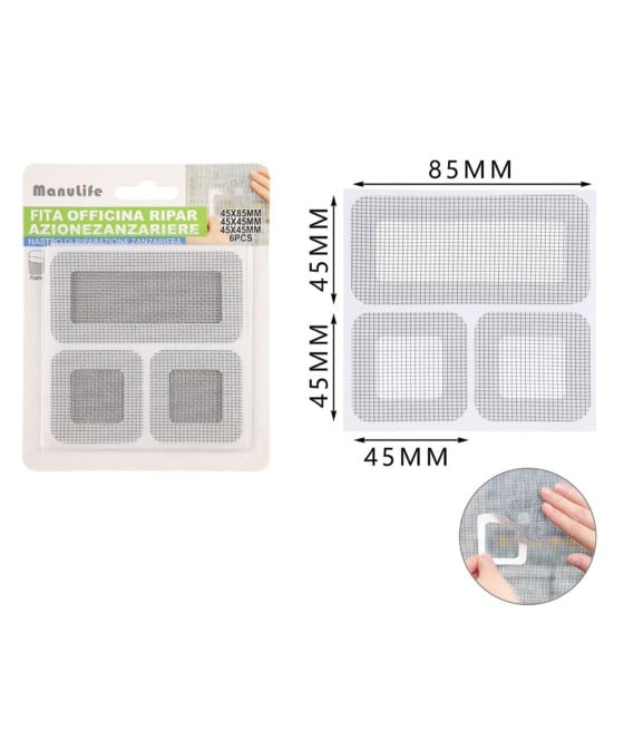 6 TOPPE ADESIVE RETE GRIGIA RIPARAZIONE ZANZARIERE 45X85MM/45X45MM 622157