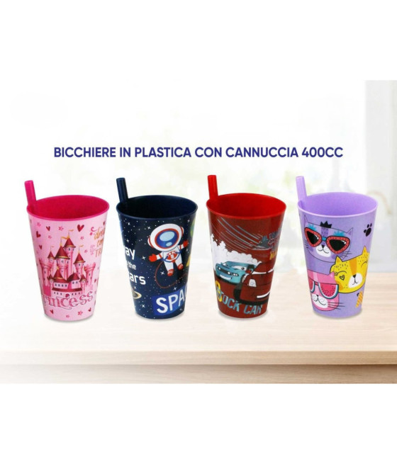 Bicchiere bambini 400ml con cannuccia plastica colorata