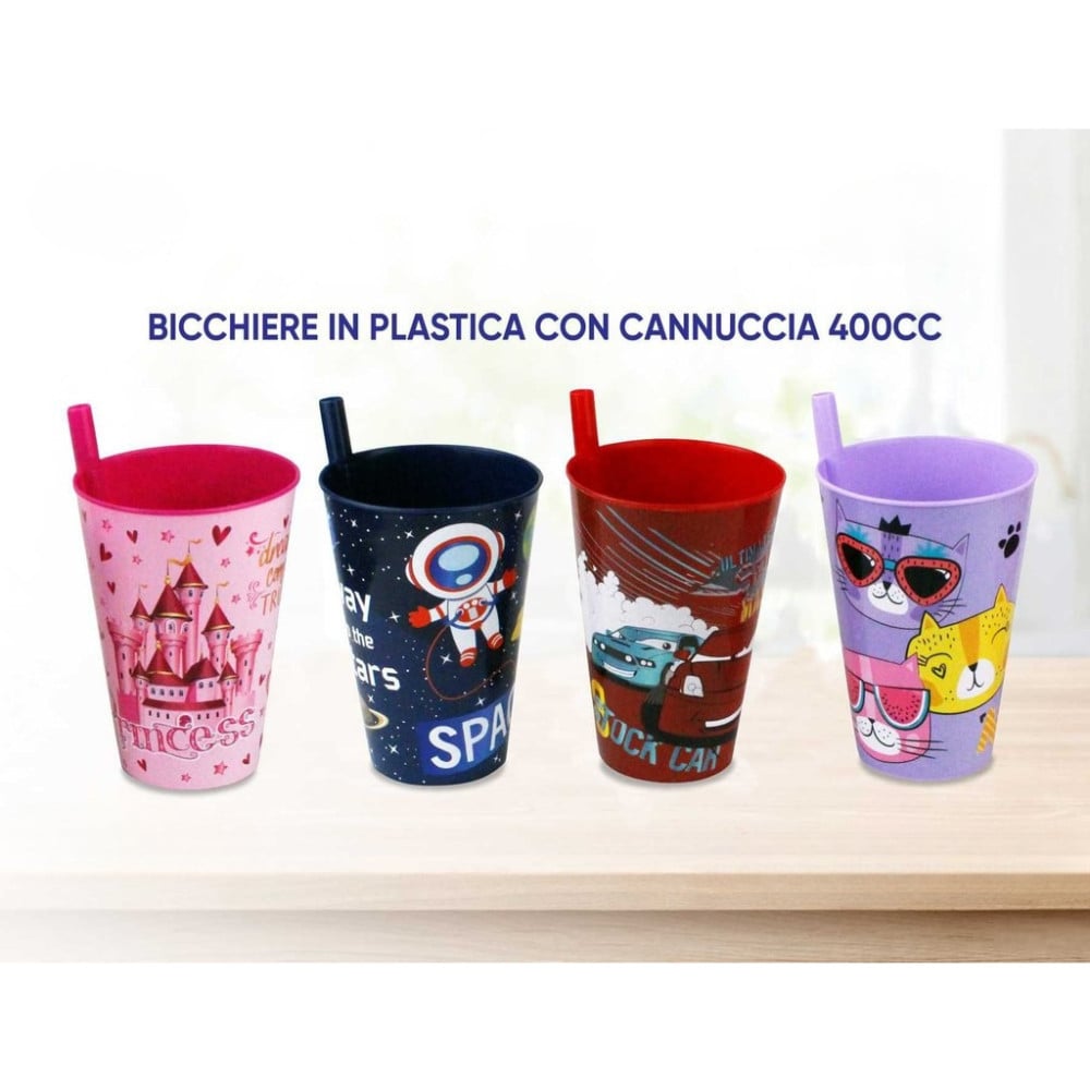 Bicchiere bambini 400ml con cannuccia plastica colorata