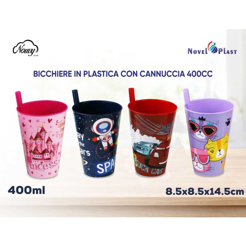 Bicchiere bambini 400ml con cannuccia plastica colorata
