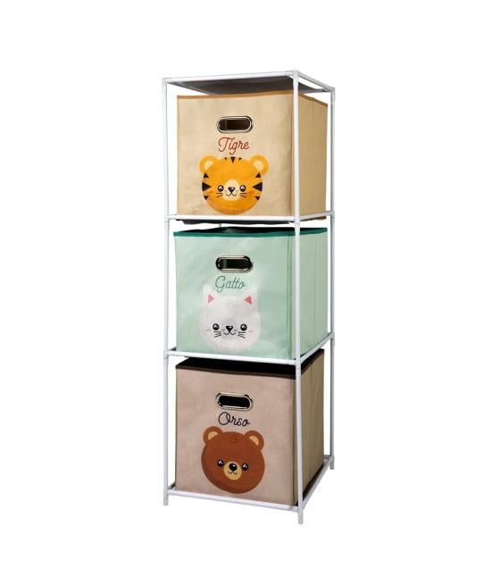 SET 3 CONTENITORI SALVASPAZIO IN FERRO TESSUTO STAMPE ANIMALI BAMBINI