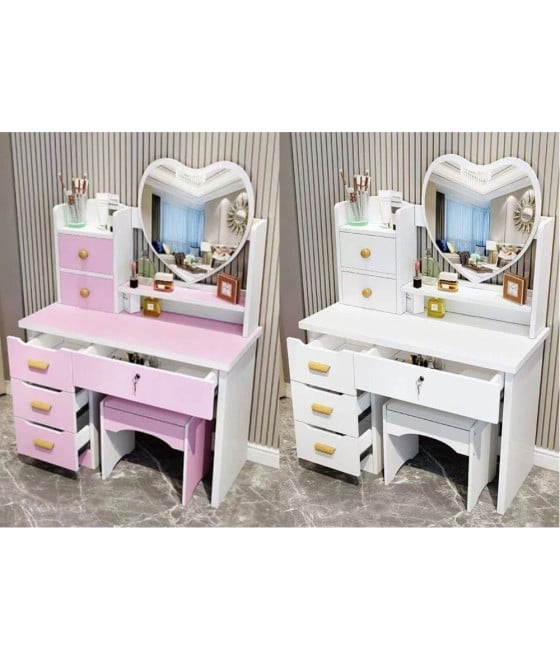 TOELETTA CON TAVOLO DA TRUCCO SPECCHIO A CUORE SGABELLO 6 CASSETTI