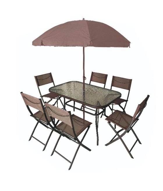SET GIARDINO TAVOLO RIPIANO VETRO 6 SEDIE PIEGHEVOLI OMBRELLONE 529010