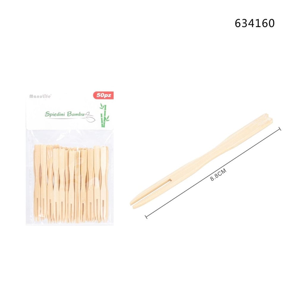 SET 4PZ DA 50 SPIEDINI A DUE PUNTE IN BAMBÙ 8.8CM MINI FORCHETTE 634160