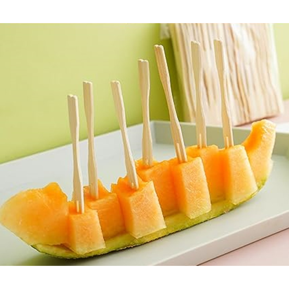 SET 4PZ DA 50 SPIEDINI A DUE PUNTE IN BAMBÙ 8.8CM MINI FORCHETTE 634160