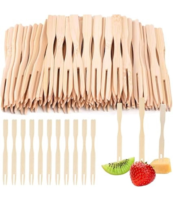 SET 4PZ DA 50 SPIEDINI A DUE PUNTE IN BAMBÙ 8.8CM MINI FORCHETTE 634160