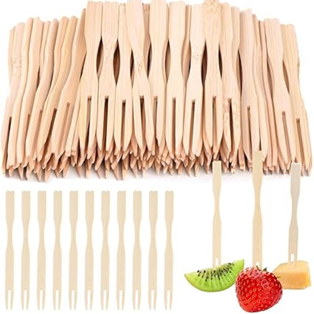 SET 4PZ DA 50 SPIEDINI A DUE PUNTE IN BAMBÙ 8.8CM MINI FORCHETTE 634160