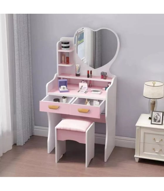 POSTAZIONE TRUCCO TAVOLO SPECCHIERA CON SPECCHIO CUORE SGABELLO ROSA