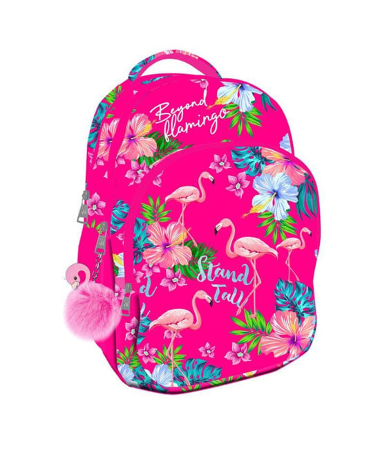 ZAINO SCUOLA RAGAZZA MOTIVO TROPICALE FENICOTTERI ROSA POMPON CON TASCA