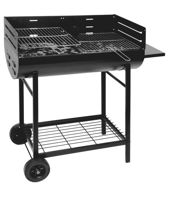 BARBECUE CON 2 GRIGLIE REGOLABILI PARAVENTO RIPIANO D'APPOGGIO 2 RUOTE