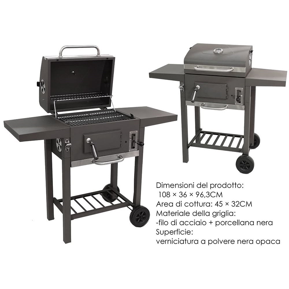 BARBECUE A CARBONE CON COPERCHIO TERMOMETRO INTEGRATO RIPIANI 2 RUOTE