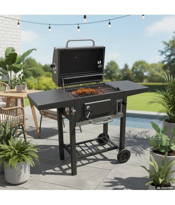 BARBECUE A CARBONE CON COPERCHIO TERMOMETRO INTEGRATO RIPIANI 2 RUOTE