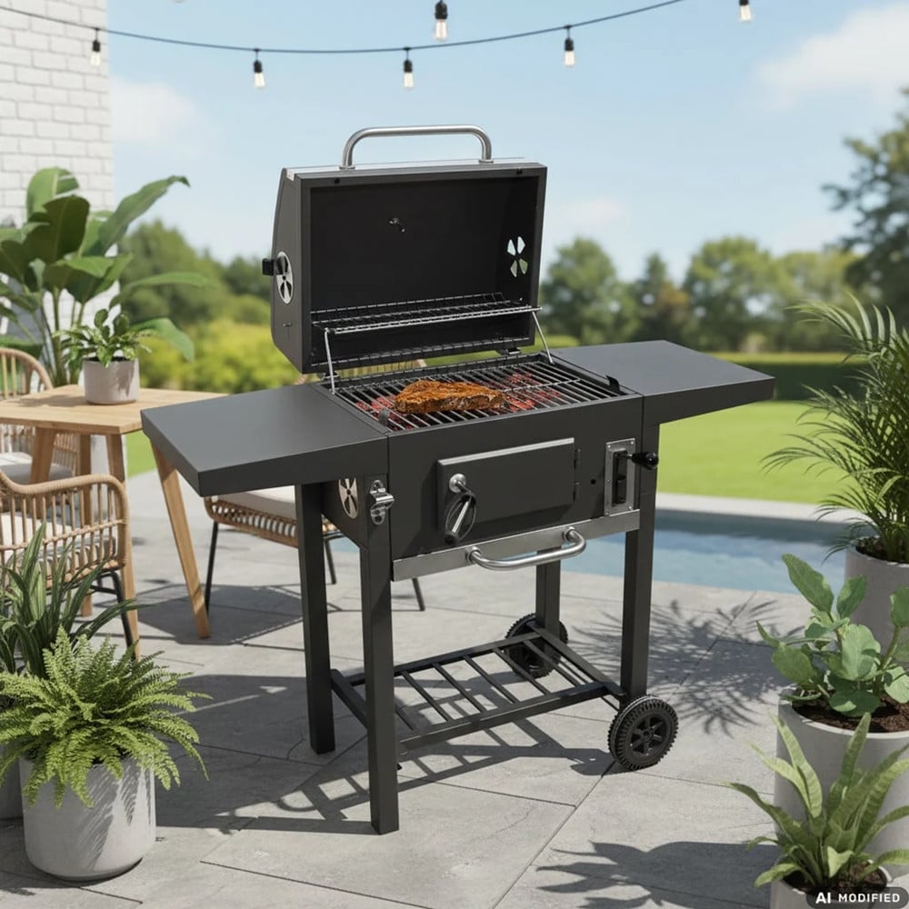 BARBECUE A CARBONE CON COPERCHIO TERMOMETRO INTEGRATO RIPIANI 2 RUOTE