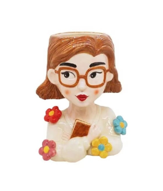 VASO PORTAPIANTA DONNA CON OCCHIALI FIORI IN CERAMICA COLORATA 9013687