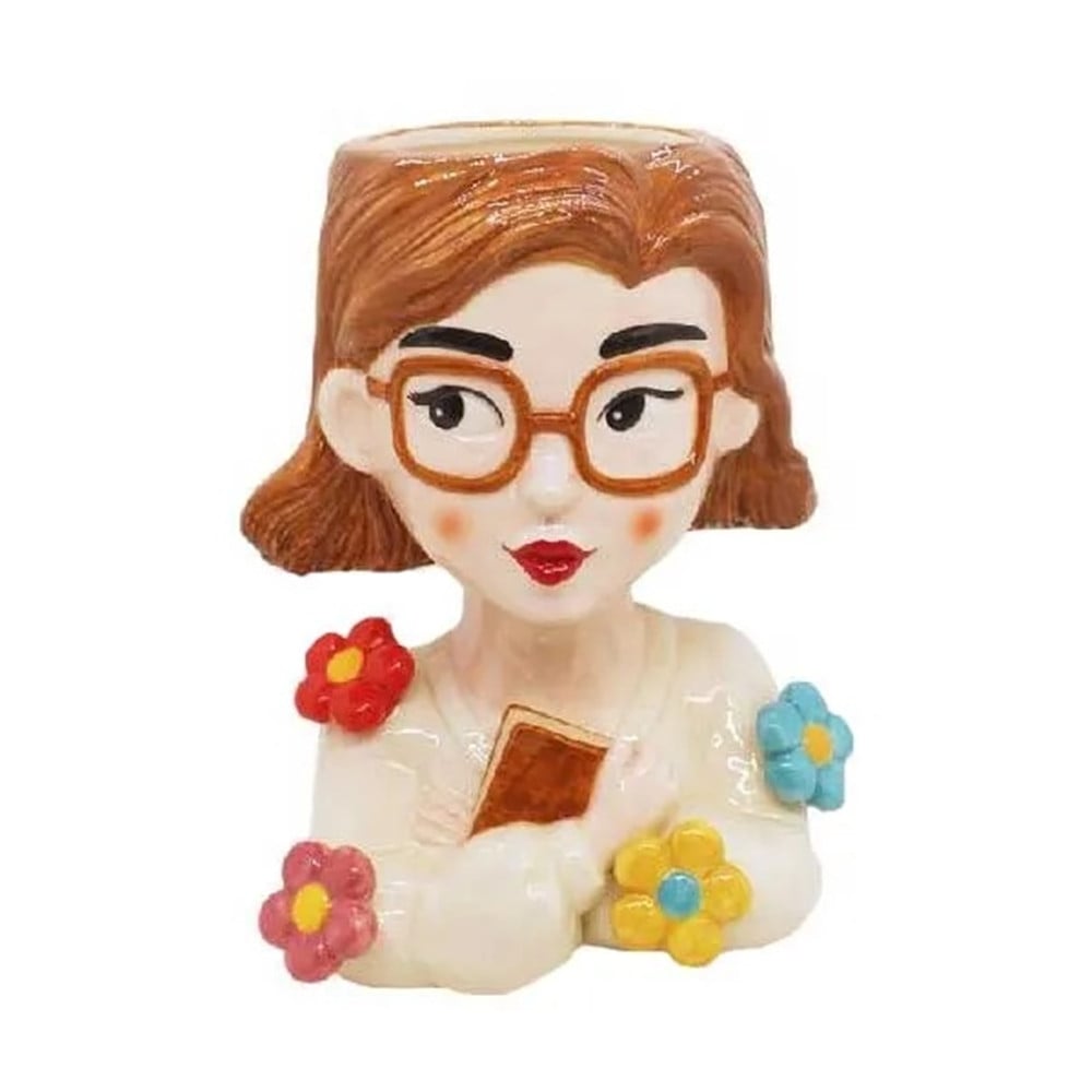 VASO PORTAPIANTA DONNA CON OCCHIALI FIORI IN CERAMICA COLORATA 9013687