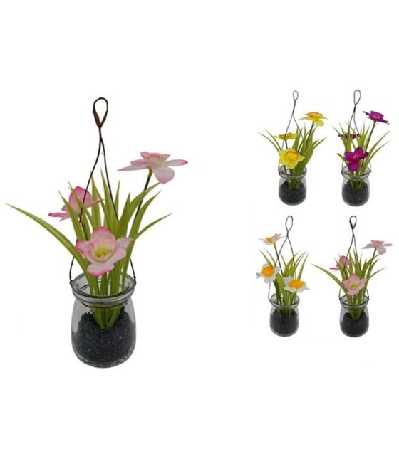 SET 2PZ PIANTINA FIORI FINTI CON VASO VETRO 21CM DA APPENDERE 689226