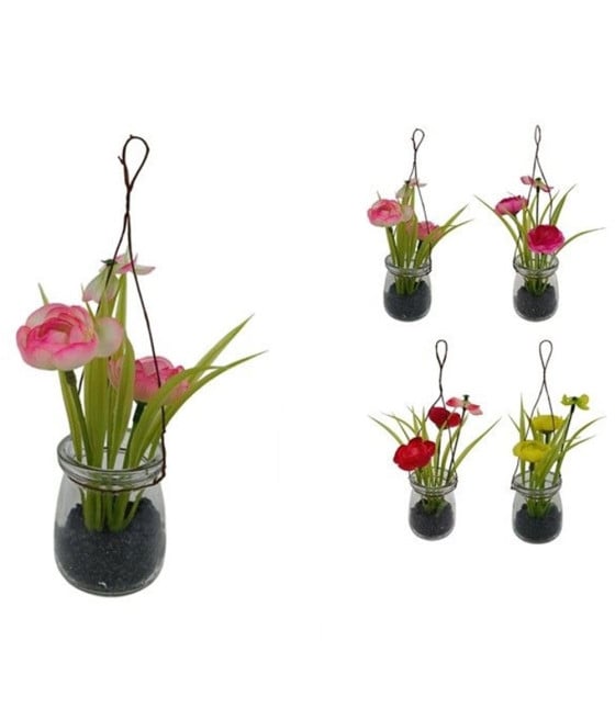 2PZ PIANTINA FIORI FINTI CON VASO VETRO 21 CM DA APPENDERE 689219
