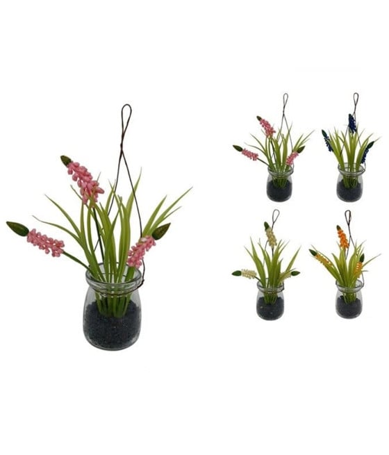 SET 2PZ PIANTINA LAVANDA FINTA CON VASO VETRO 21CM D'APPENDERE 689189